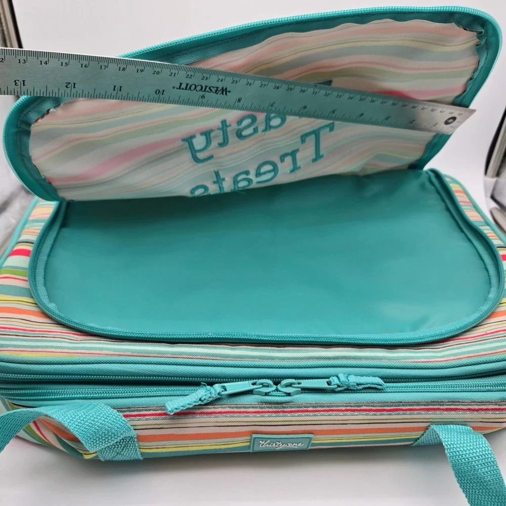 Thirty-One Perfect Party Set Teal Striped Insulated Expandable Picnic Carrier